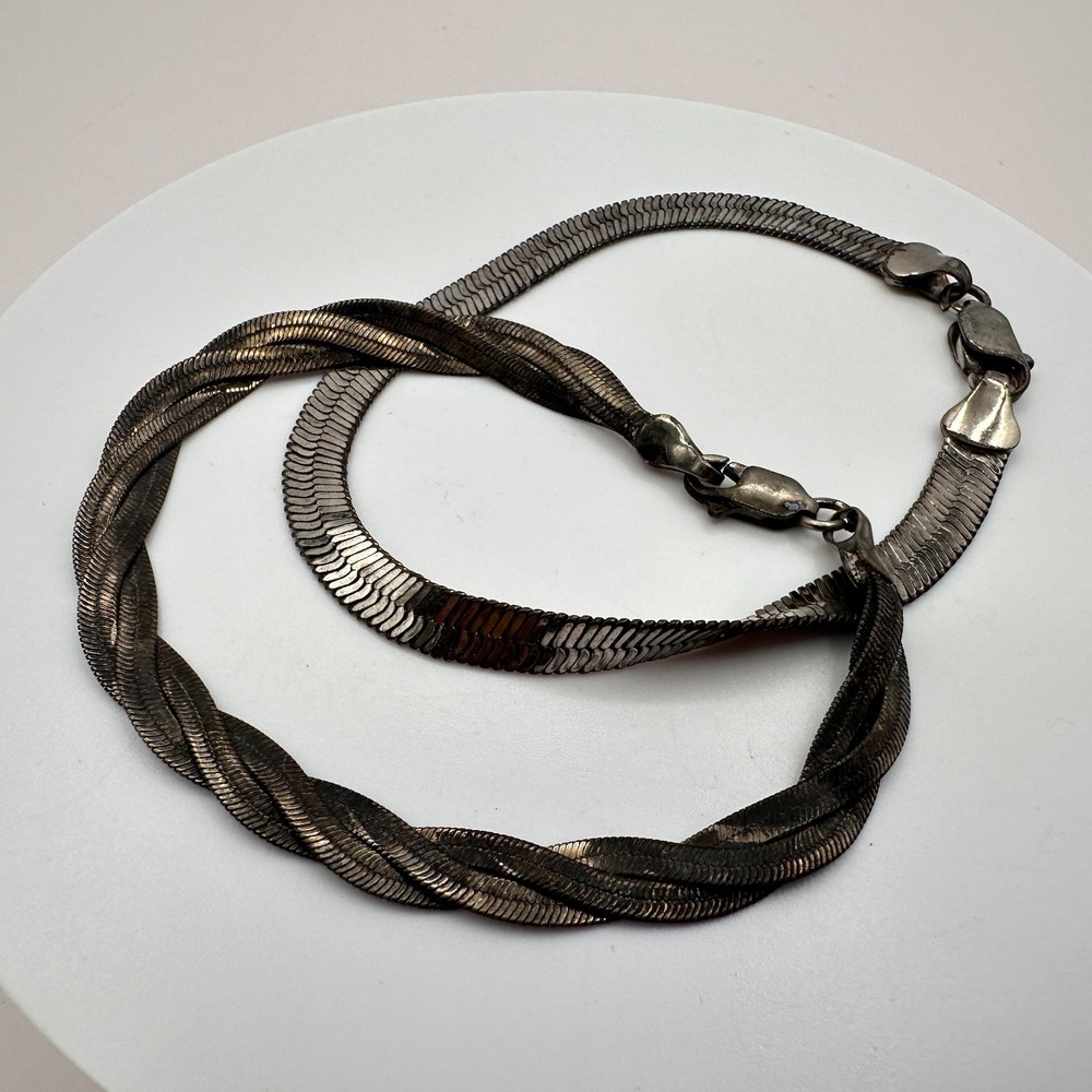 Vintage Y2K Silver Herringbone Chain Bracelet Set Minimalist Retro Jewelry